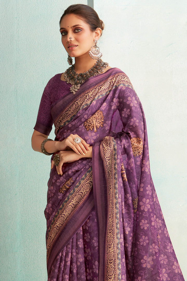 Viola Purple Handloom Woven Digital Printed Soft Silk Saree