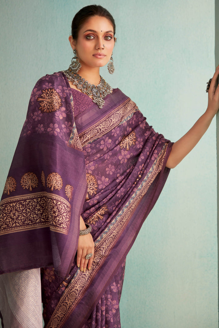 Viola Purple Handloom Woven Digital Printed Soft Silk Saree