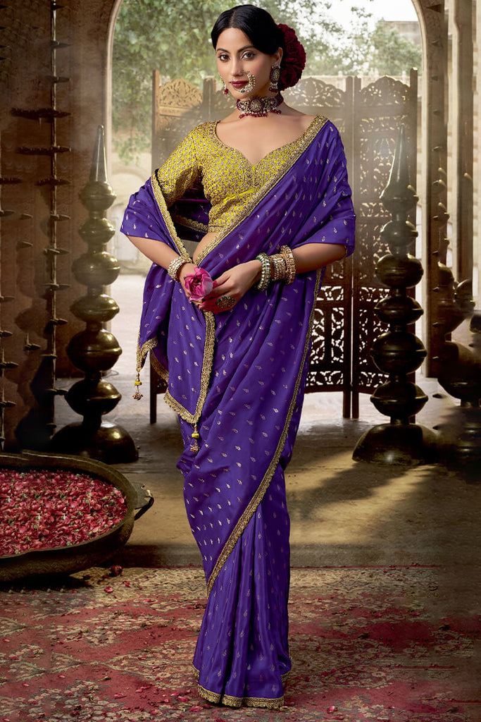 Violent Violet Pure Viscose Crepe Silk Saree with Embroidery Blouse Piece