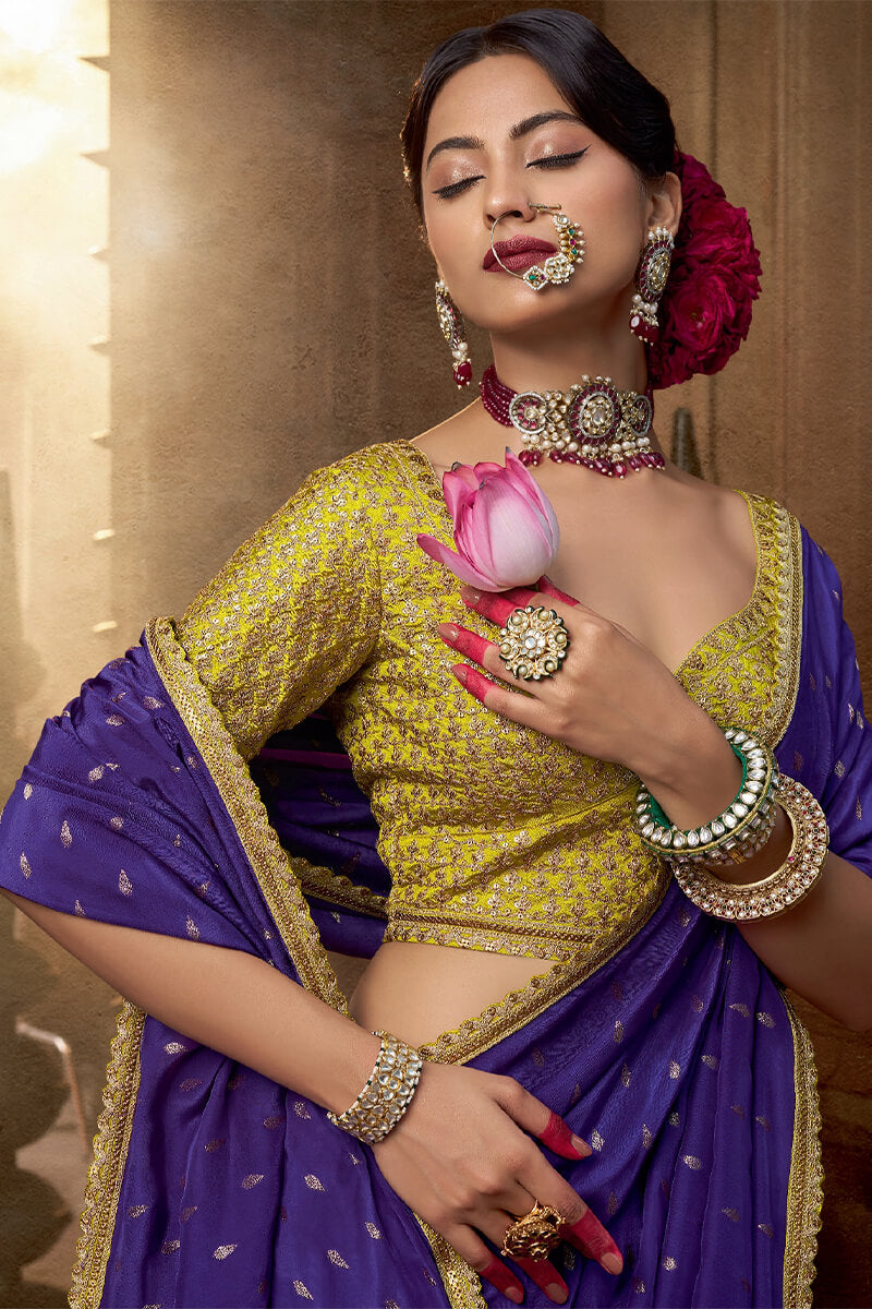 Violent Violet Pure Viscose Crepe Silk Saree with Embroidery Blouse Piece