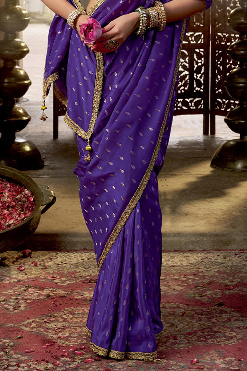 Violent Violet Pure Viscose Crepe Silk Saree with Embroidery Blouse Piece