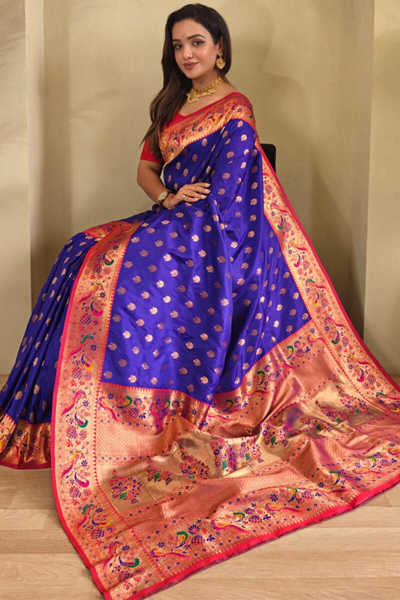 Violet Blue Zari Woven Paithani Silk Saree