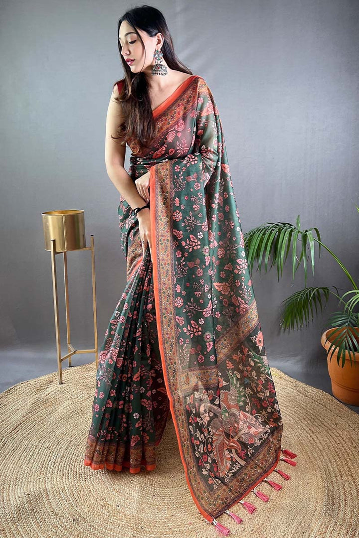 Viridian Green Kalamkari Printed Cotton Saree