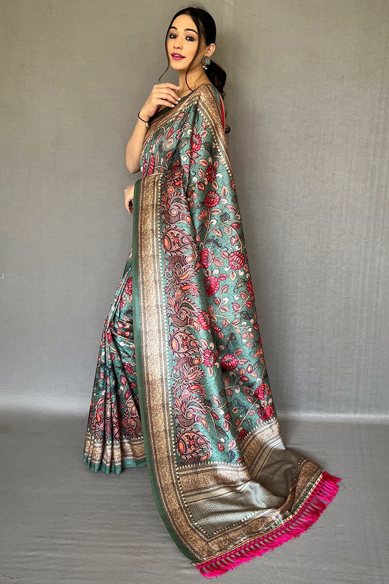 Vista Blue Kalamkari Printed Soft Silk Saree