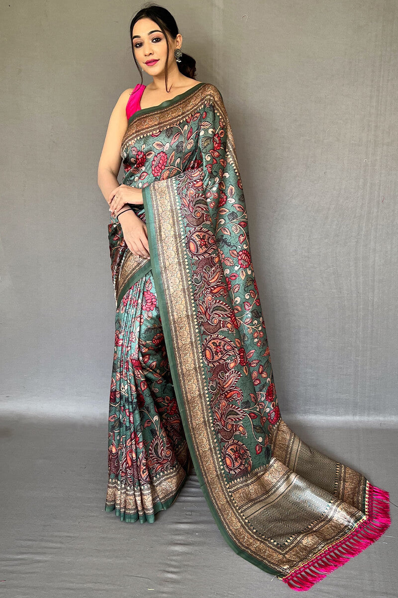 Vista Blue Kalamkari Printed Soft Silk Saree