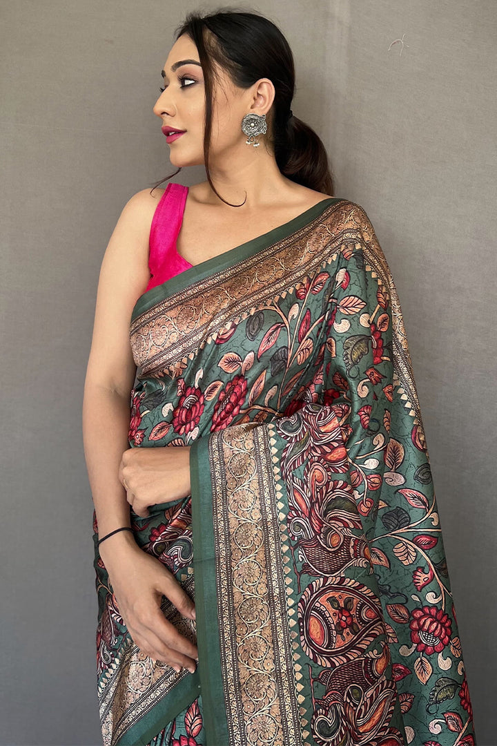 Vista Blue Kalamkari Printed Soft Silk Saree