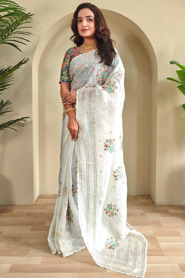 Vista White Embroidery and Sequence Work Crush Organza Silk Saree