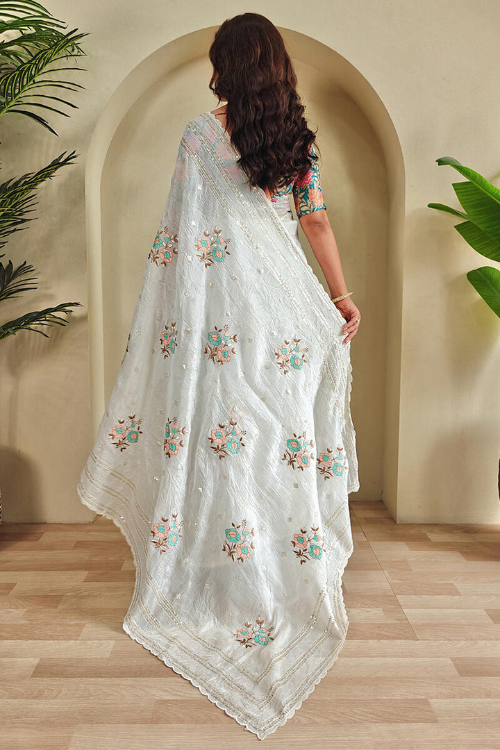 Vista White Embroidery and Sequence Work Crush Organza Silk Saree