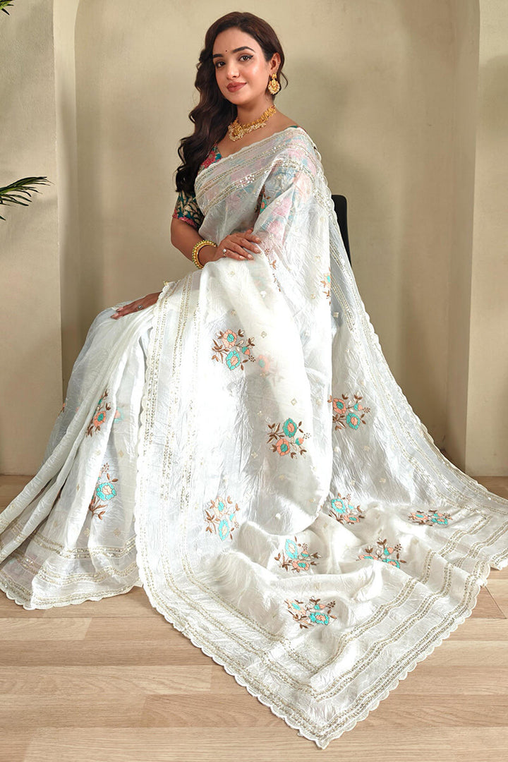 Vista White Embroidery and Sequence Work Crush Organza Silk Saree