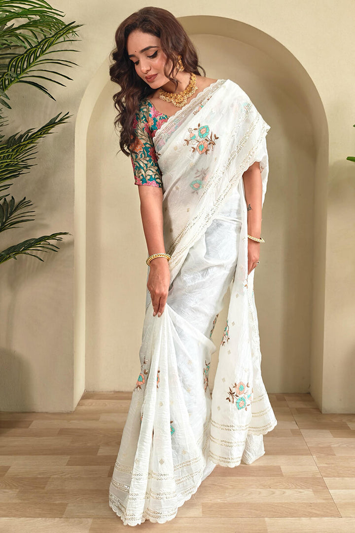 Vista White Embroidery and Sequence Work Crush Organza Silk Saree