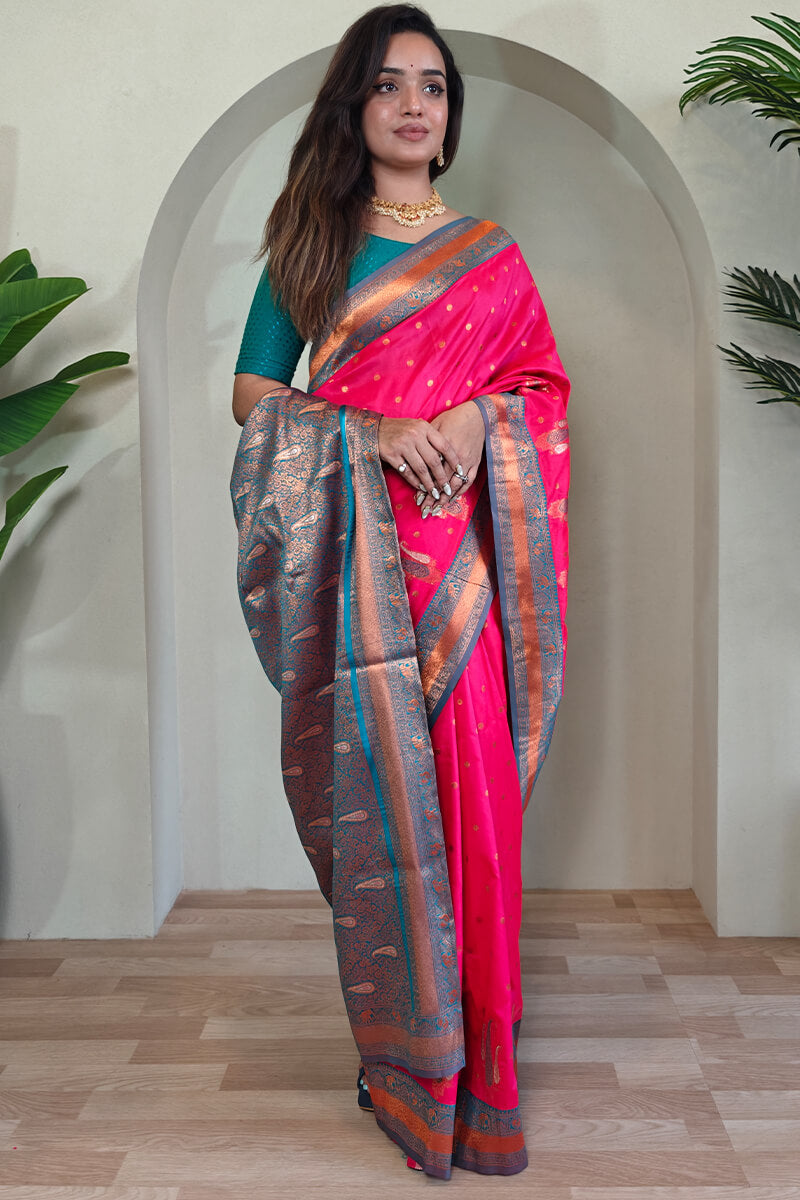 Vivid Cerise Pink Zari Woven Banarasi Soft Silk Saree