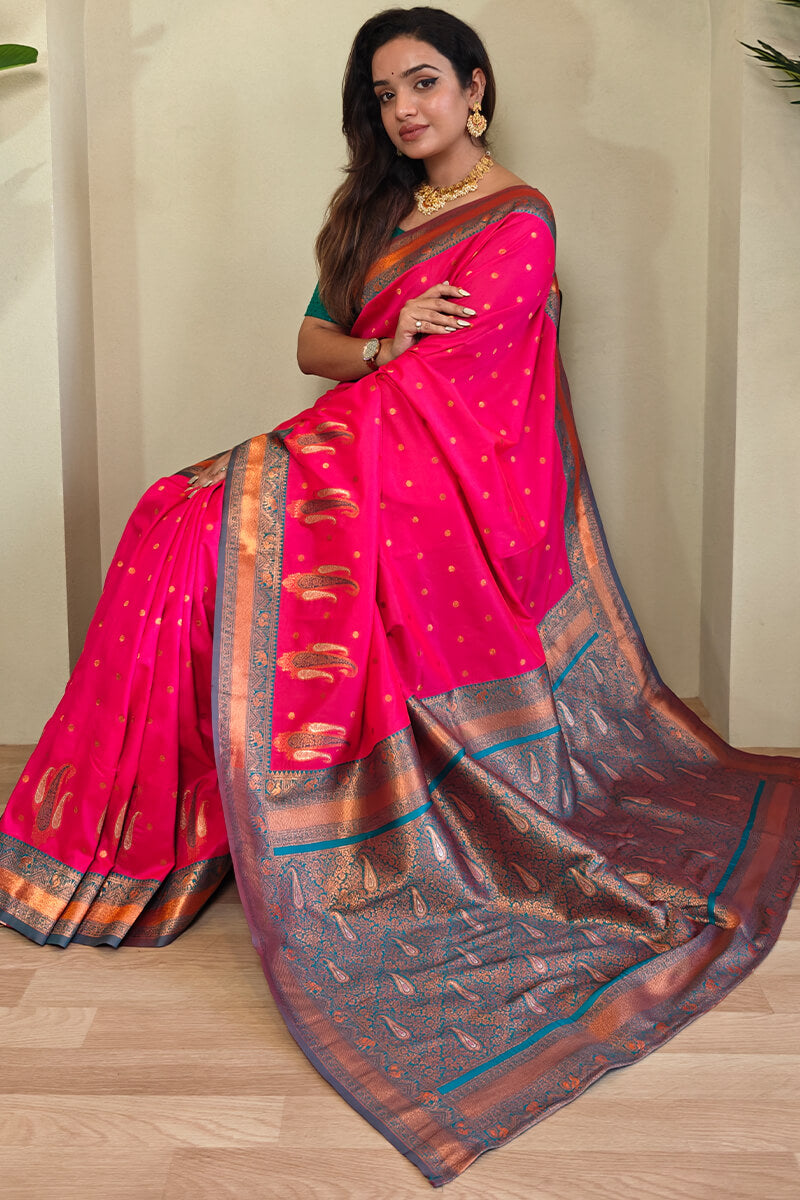 Vivid Cerise Pink Zari Woven Banarasi Soft Silk Saree