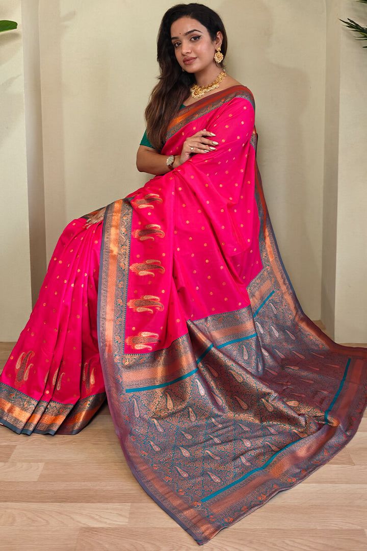 Vivid Cerise Pink Zari Woven Banarasi Soft Silk Saree