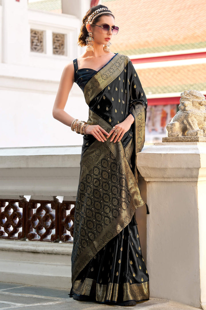 Volcanic Black Zari Woven Banarasi Satin Silk Saree