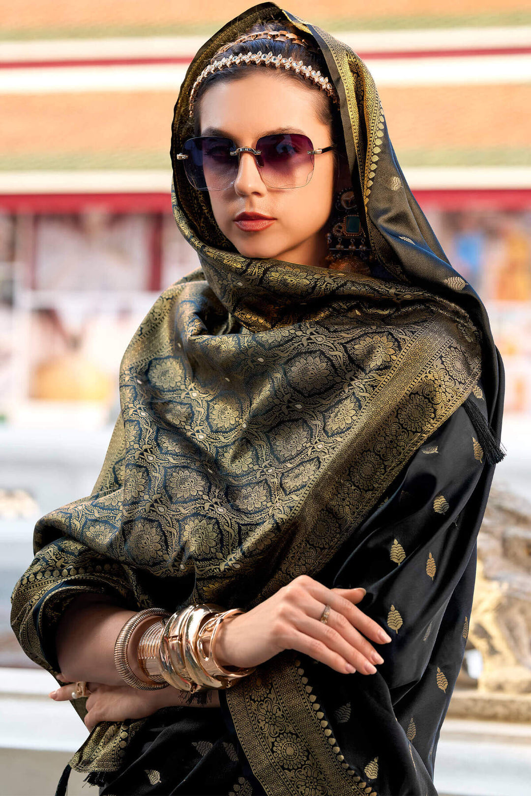Volcanic Black Zari Woven Banarasi Satin Silk Saree