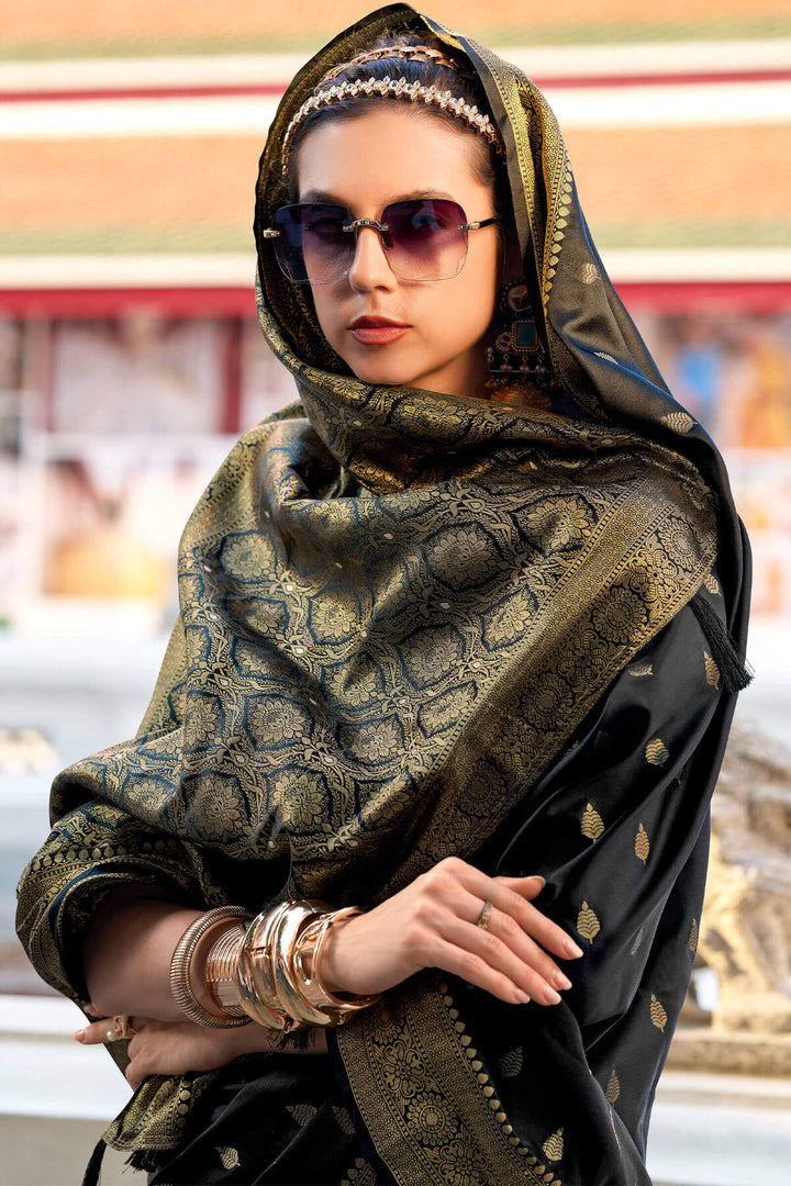 Volcanic Black Zari Woven Banarasi Satin Silk Saree