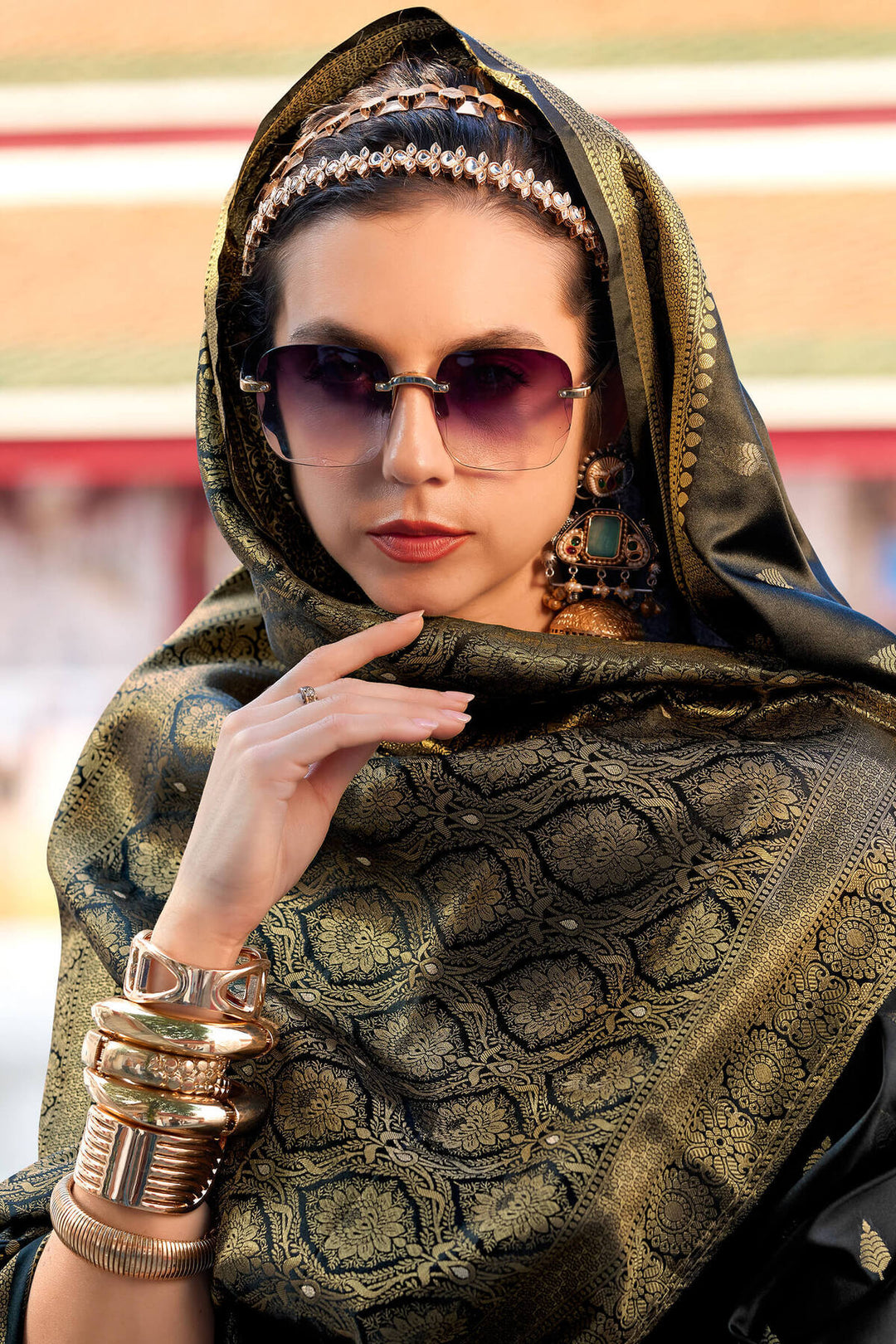 Volcanic Black Zari Woven Banarasi Satin Silk Saree