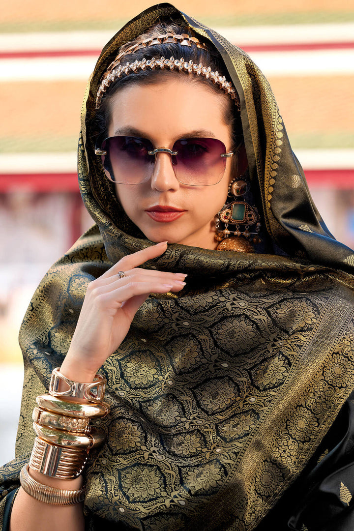 Volcanic Black Zari Woven Banarasi Satin Silk Saree