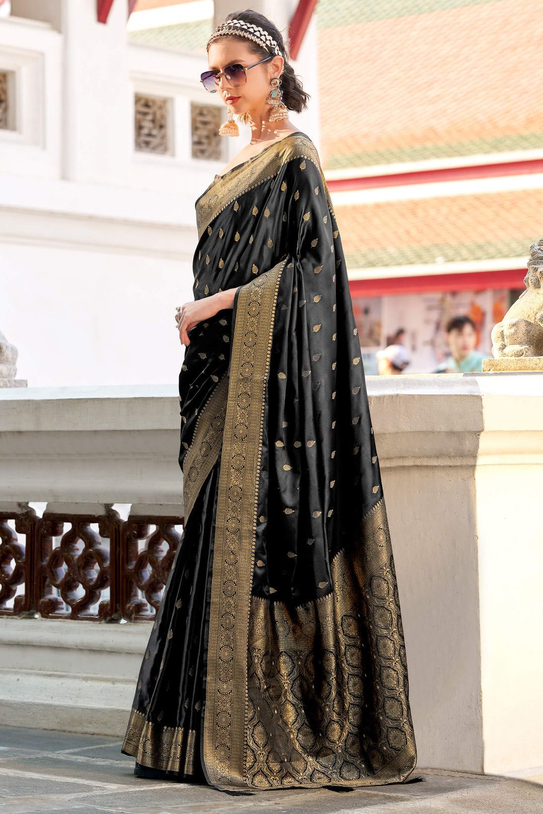 Volcanic Black Zari Woven Banarasi Satin Silk Saree