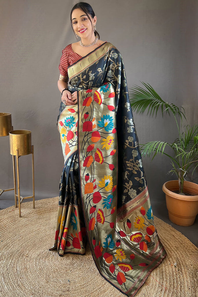 Vulcan Black Zari Woven Paithani Silk Saree