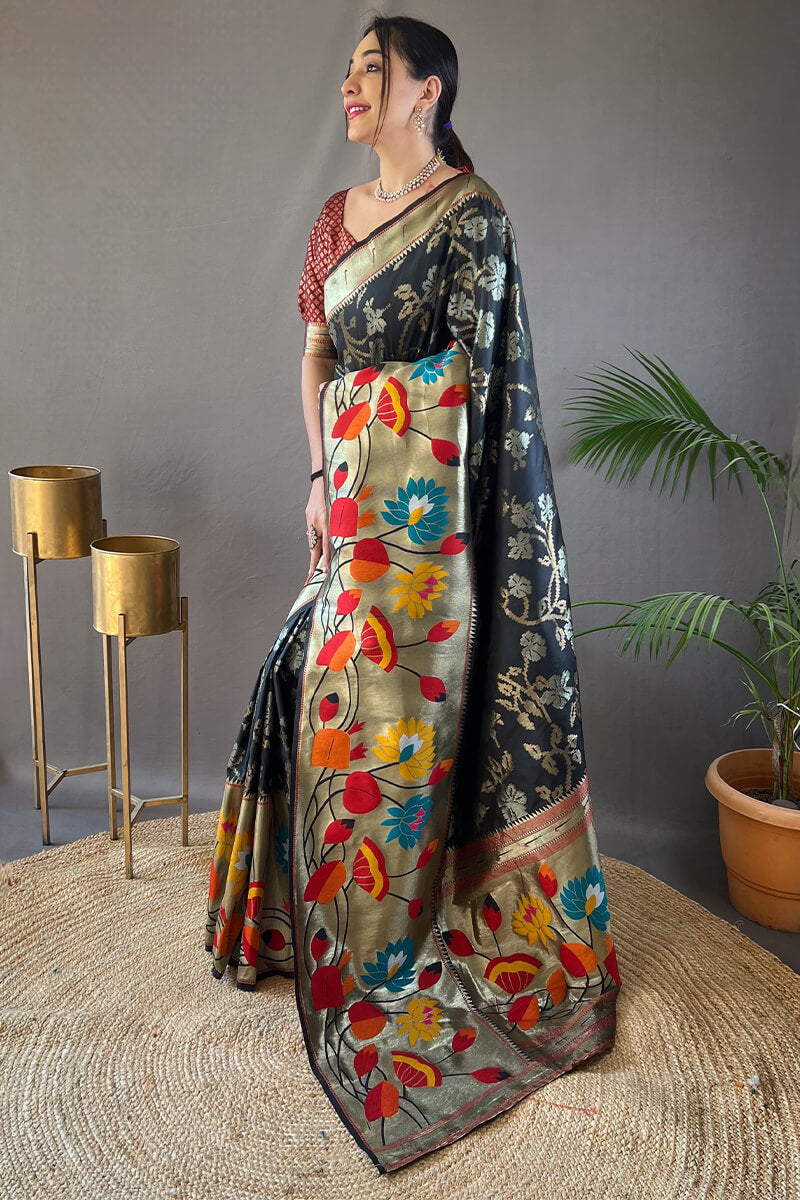 Vulcan Black Zari Woven Paithani Silk Saree