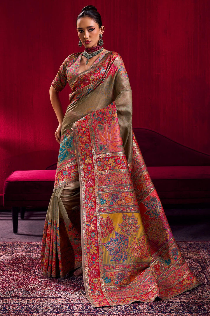 Warm Grey Kashmiri Modal Pashmina Silk Saree