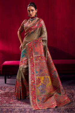 Warm Grey Kashmiri Modal Pashmina Silk Saree