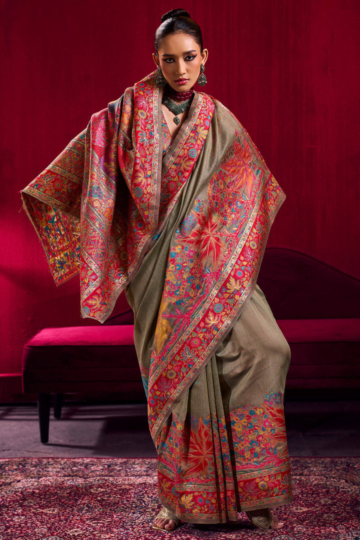 Warm Grey Kashmiri Modal Pashmina Silk Saree