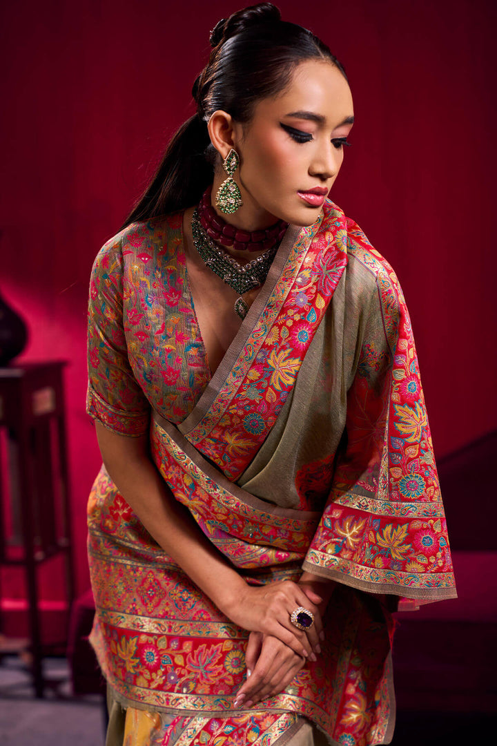 Warm Grey Kashmiri Modal Pashmina Silk Saree