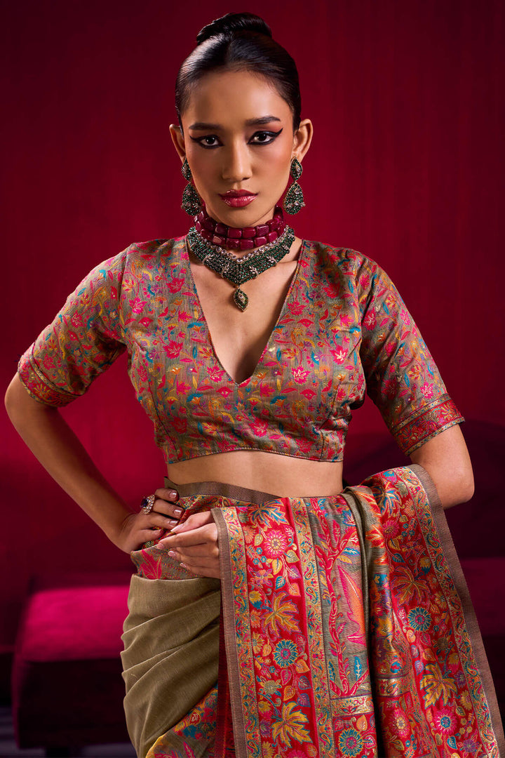 Warm Grey Kashmiri Modal Pashmina Silk Saree