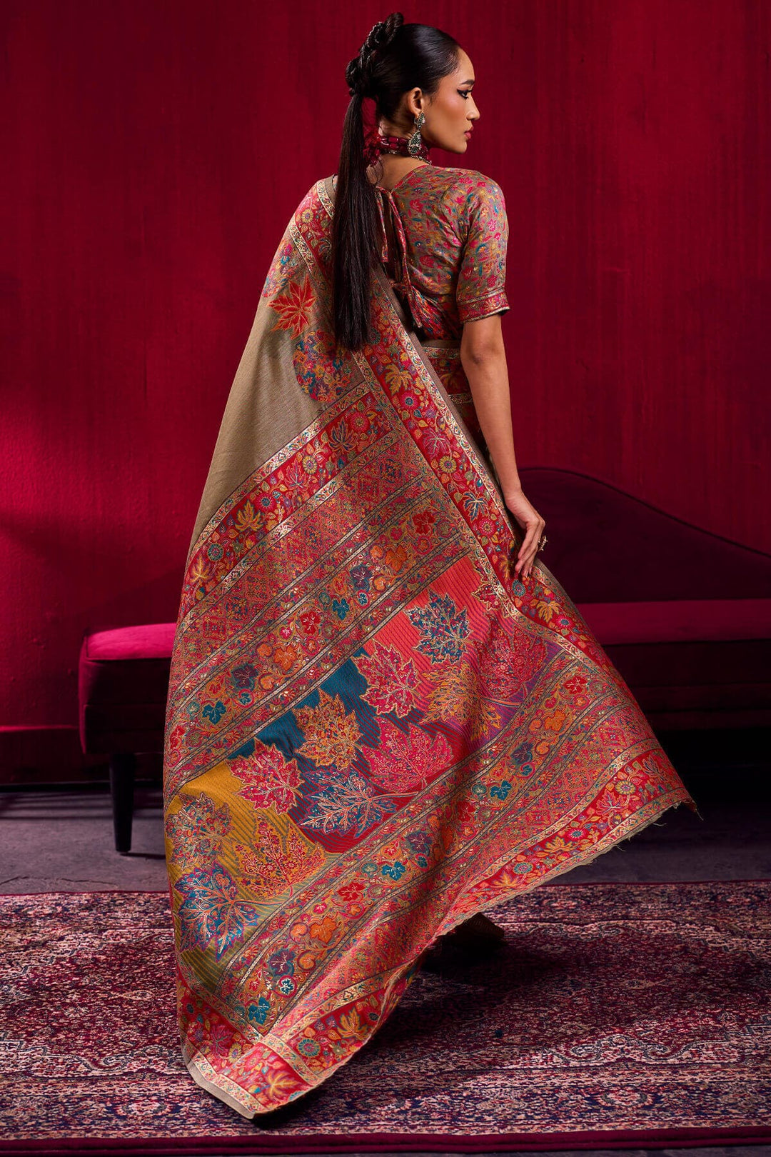 Warm Grey Kashmiri Modal Pashmina Silk Saree