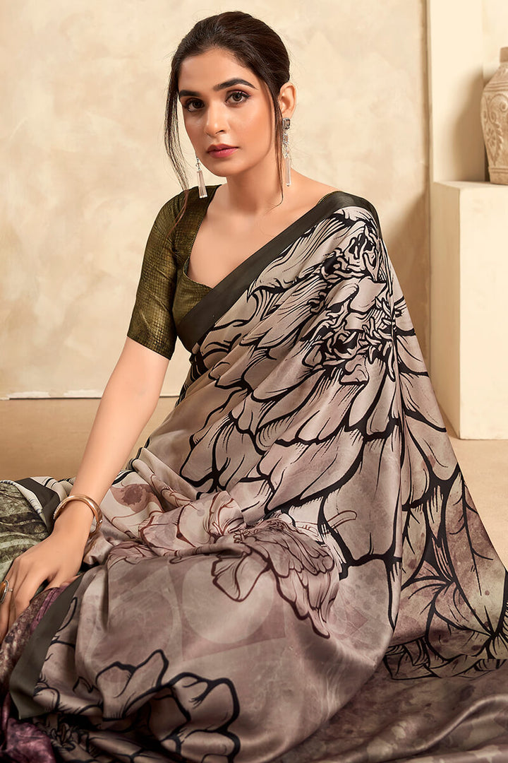 Warm Grey Printed Soft Satin Silk Saree