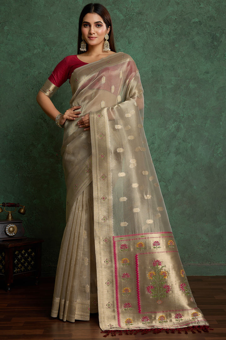 Warm Grey Pure Tissue Paithani Silk Saree with Jharkan