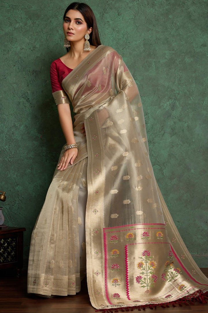 Warm Grey Pure Tissue Paithani Silk Saree with Jharkan