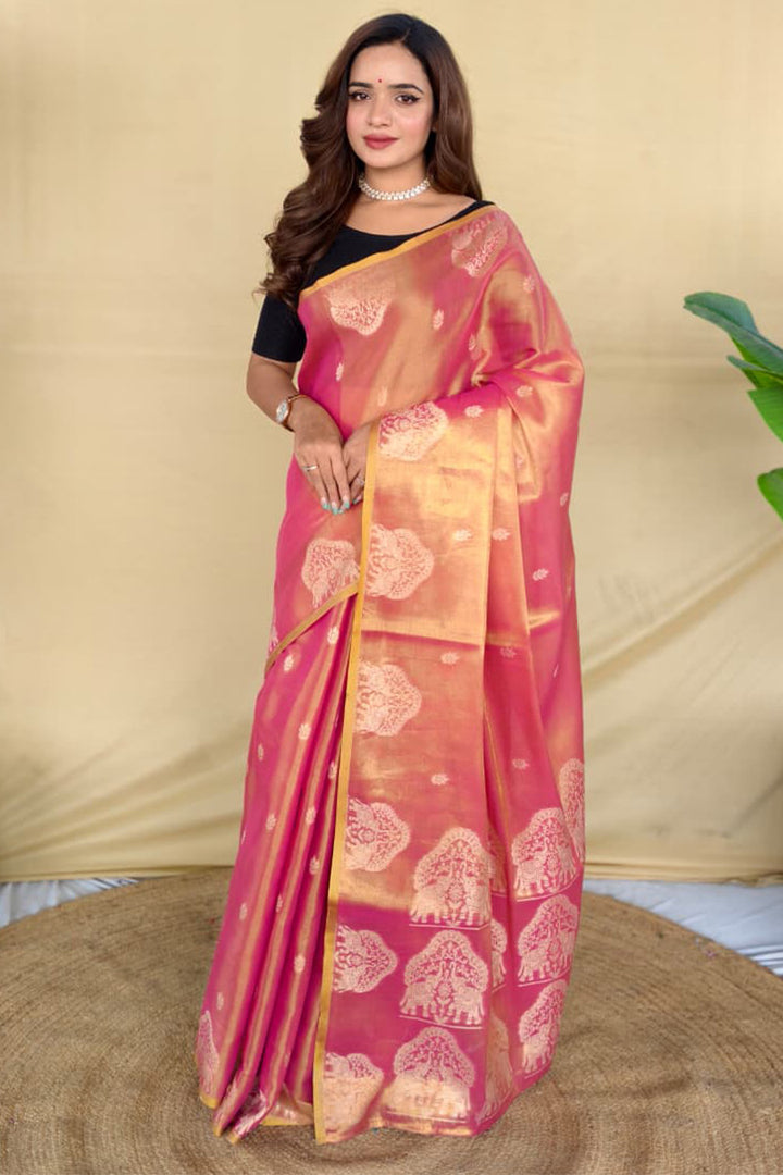 Warm Pink Banarasi Tissue Silk Saree