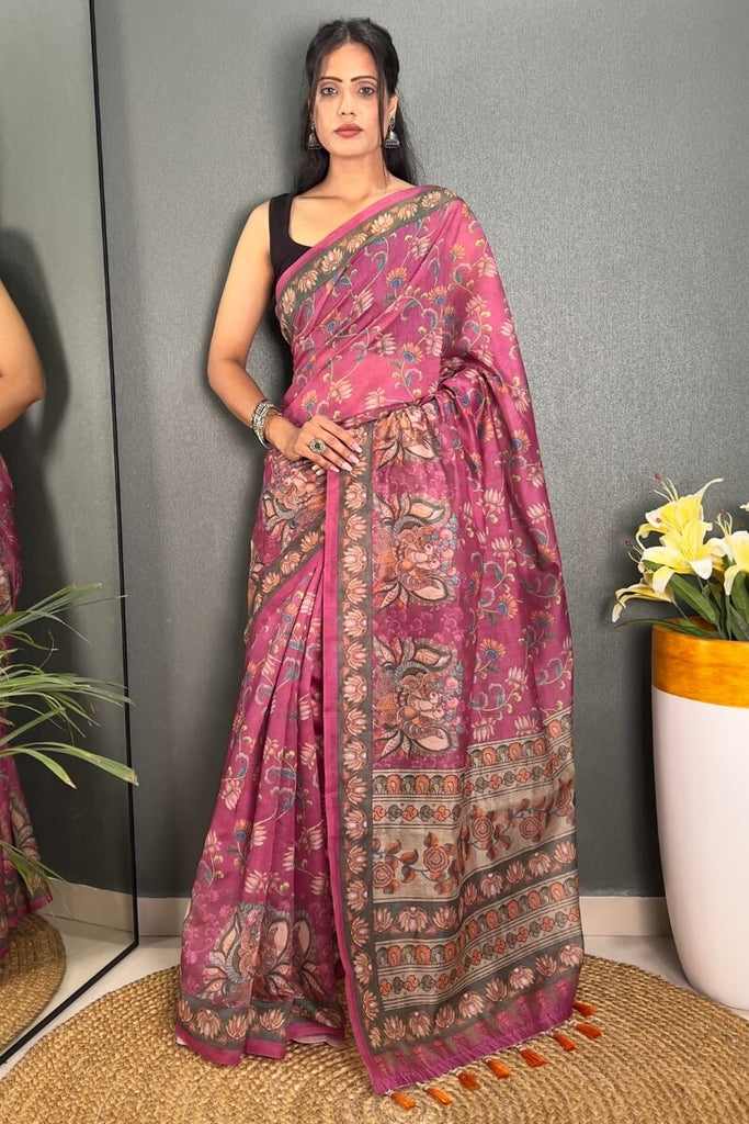 Warm Pink Printed Chanderi Silk Saree