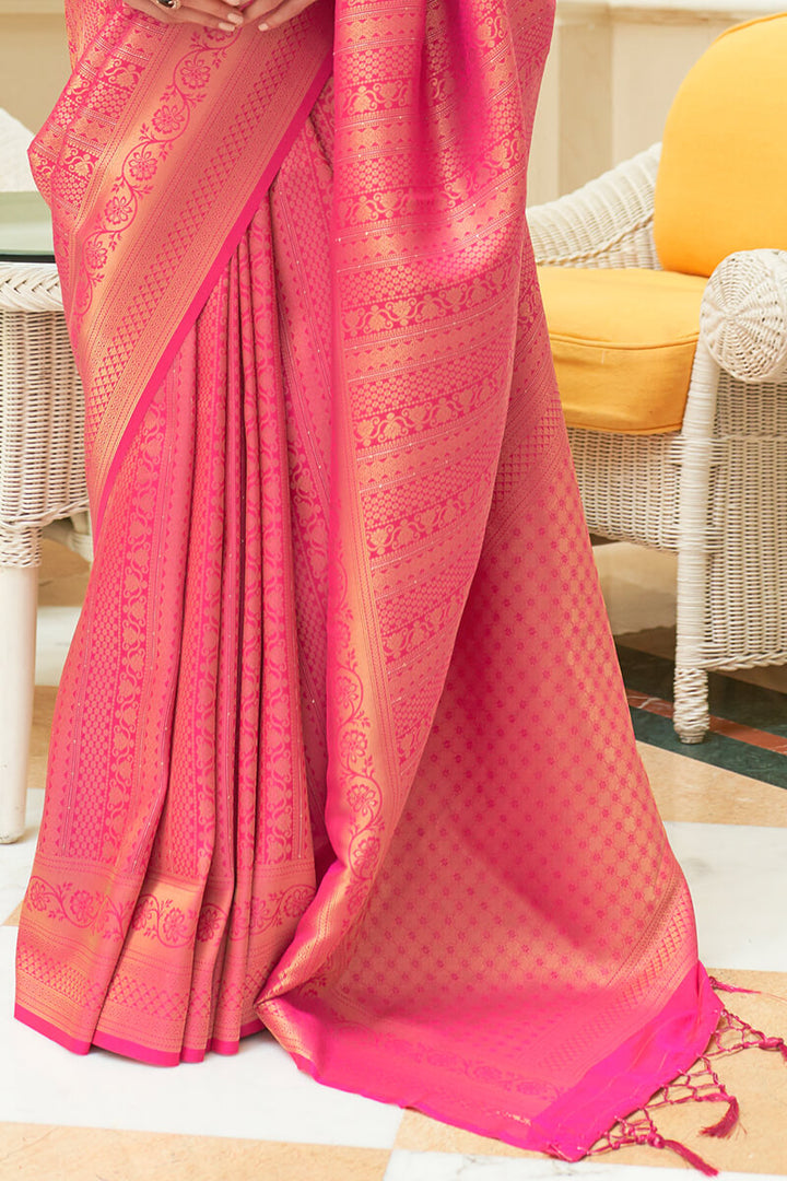 Warm Pink Zari Woven and Sequence Work Kanjivaram Silk Saree