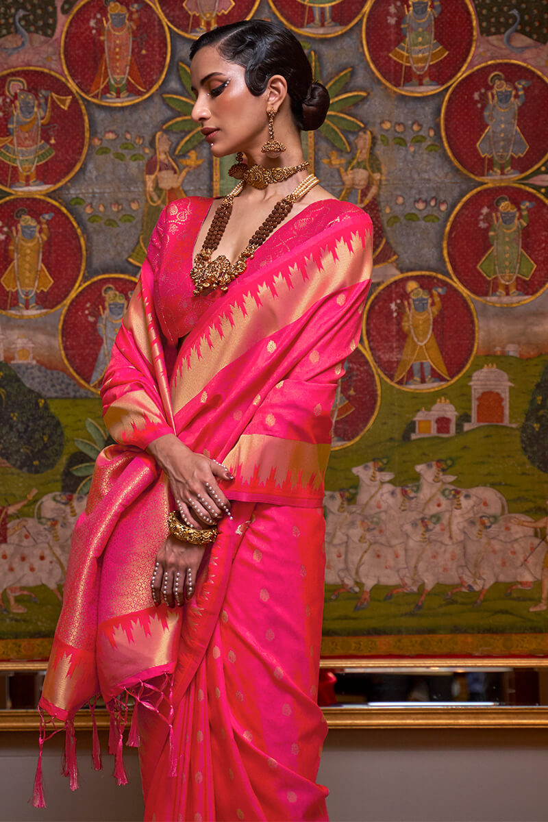 Warm Pink Zari Woven Banarasi Silk Saree