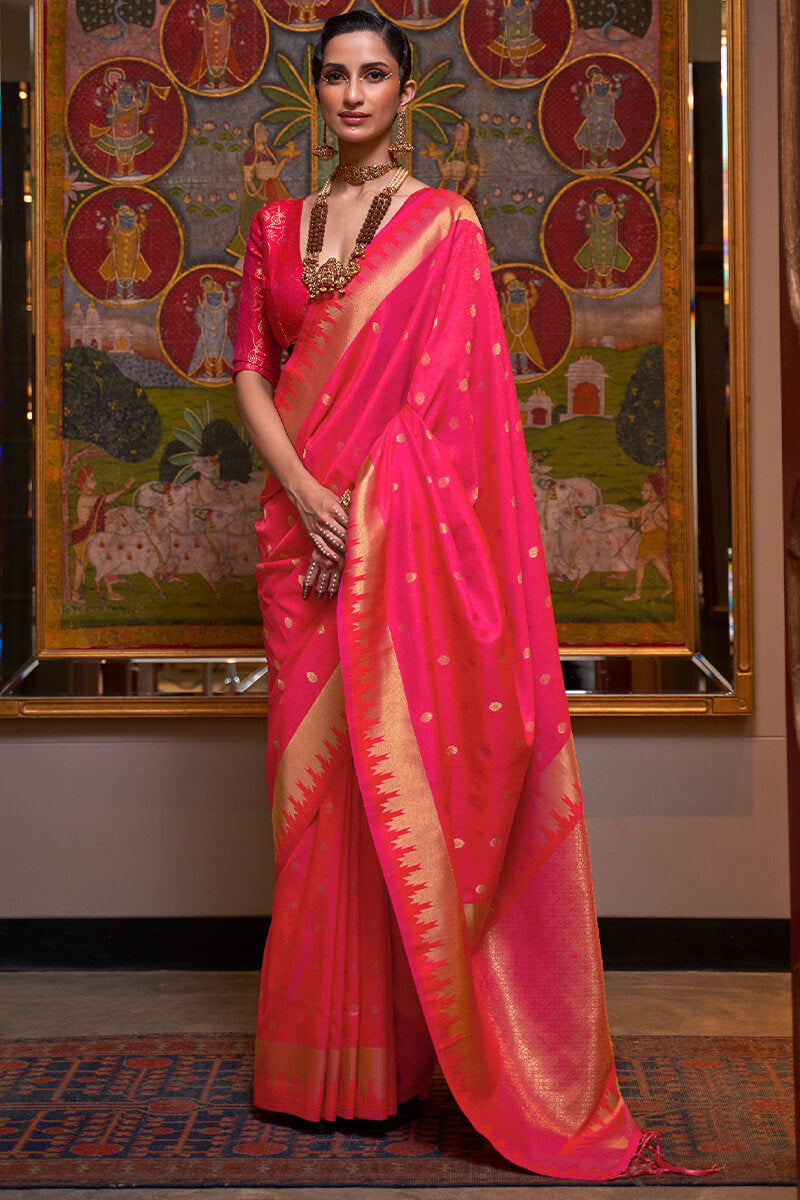 Warm Pink Zari Woven Banarasi Silk Saree