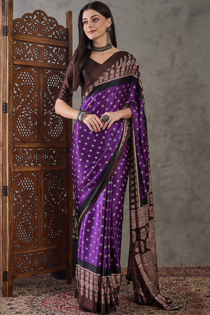 Warm Purple Ajrakh Printed Satin Silk Saree