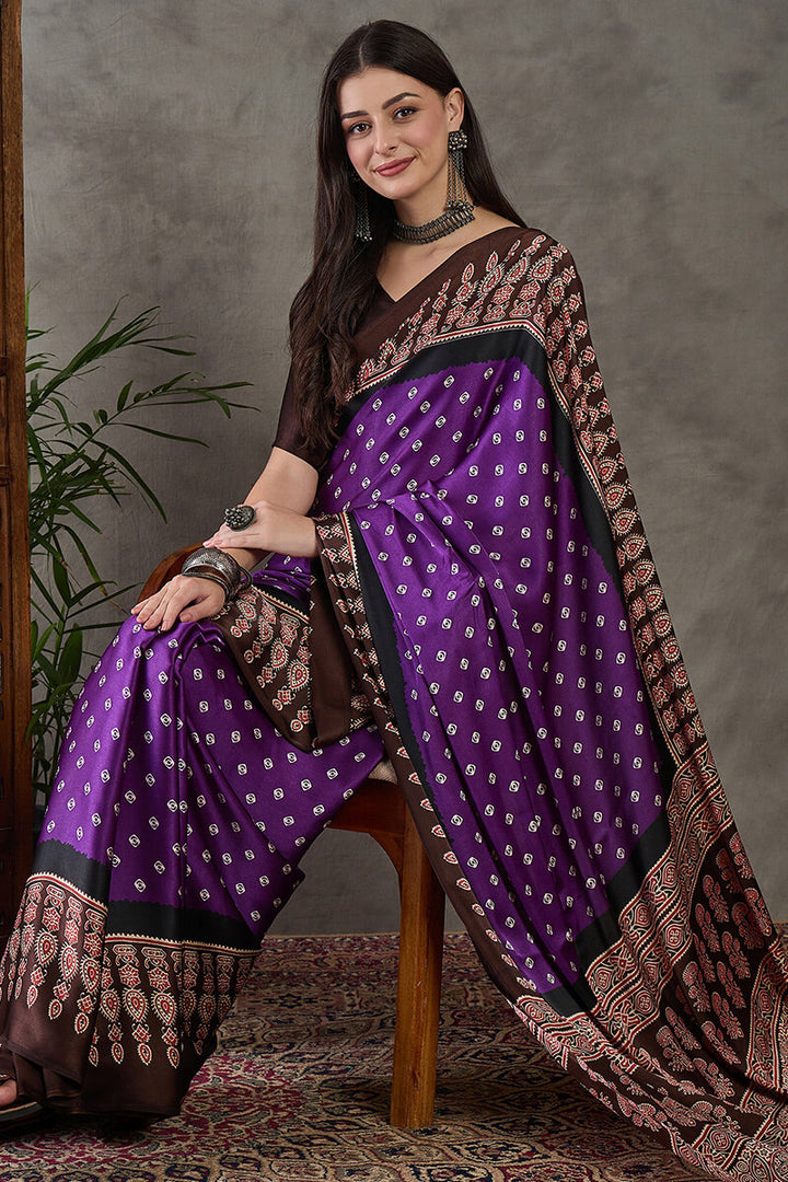 Warm Purple Ajrakh Printed Satin Silk Saree