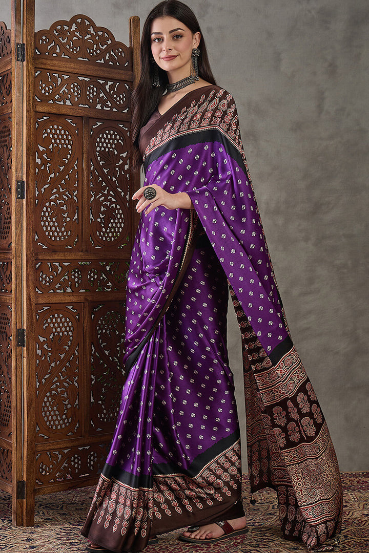 Warm Purple Ajrakh Printed Satin Silk Saree