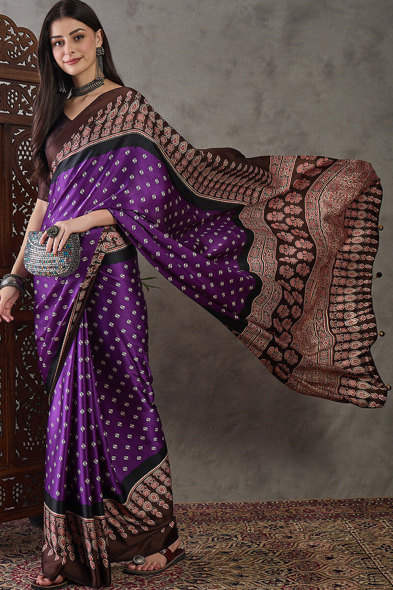 Warm Purple Ajrakh Printed Satin Silk Saree