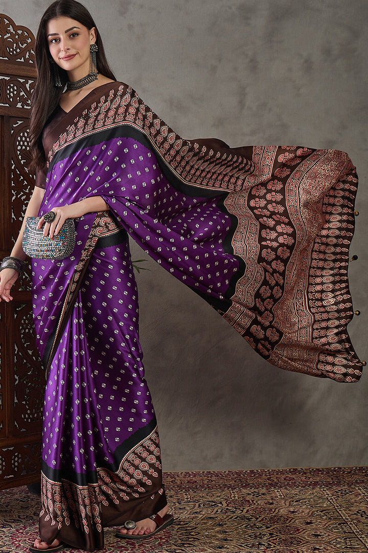 Warm Purple Ajrakh Printed Satin Silk Saree