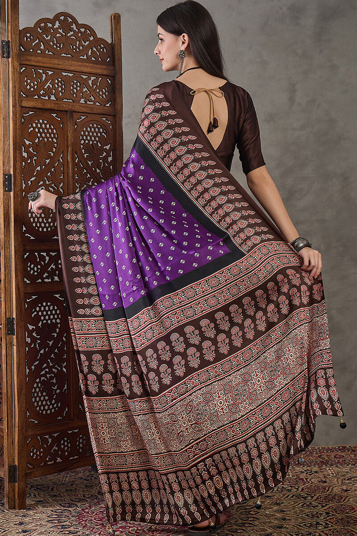 Warm Purple Ajrakh Printed Satin Silk Saree