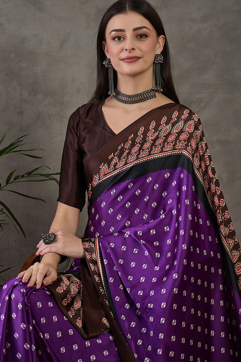 Warm Purple Ajrakh Printed Satin Silk Saree