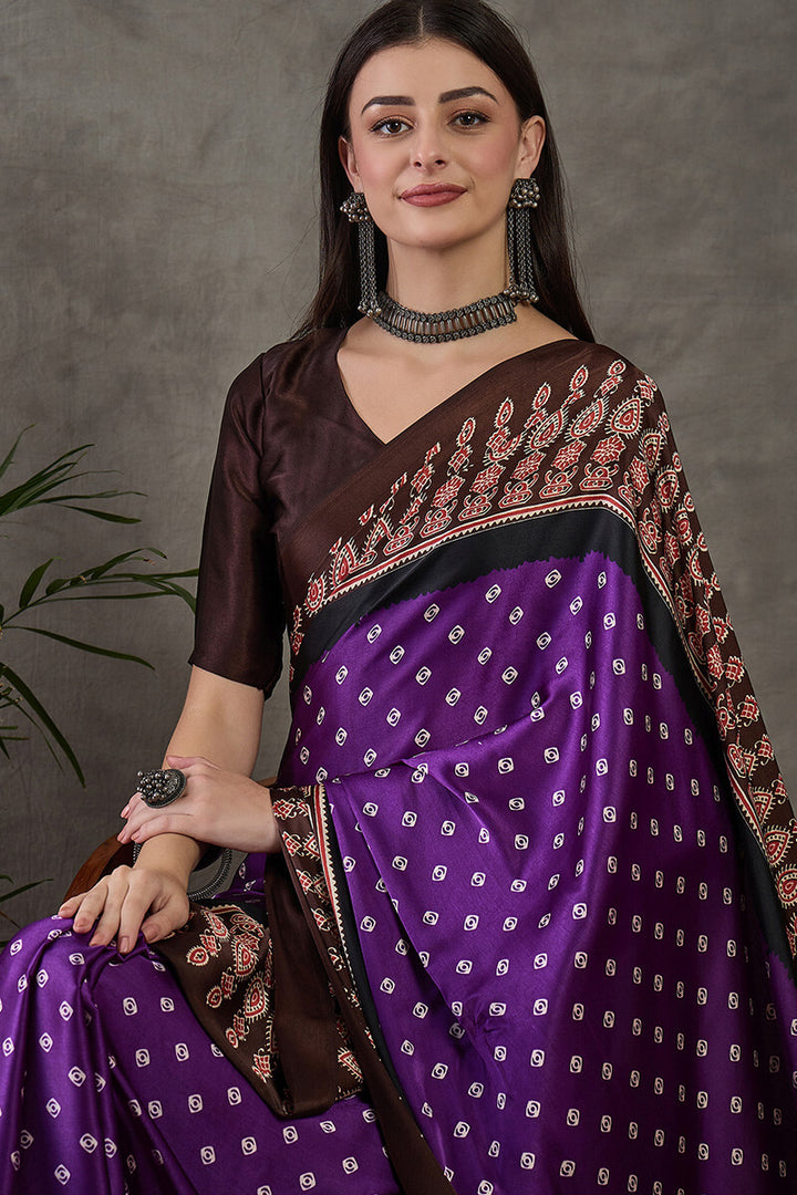 Warm Purple Ajrakh Printed Satin Silk Saree