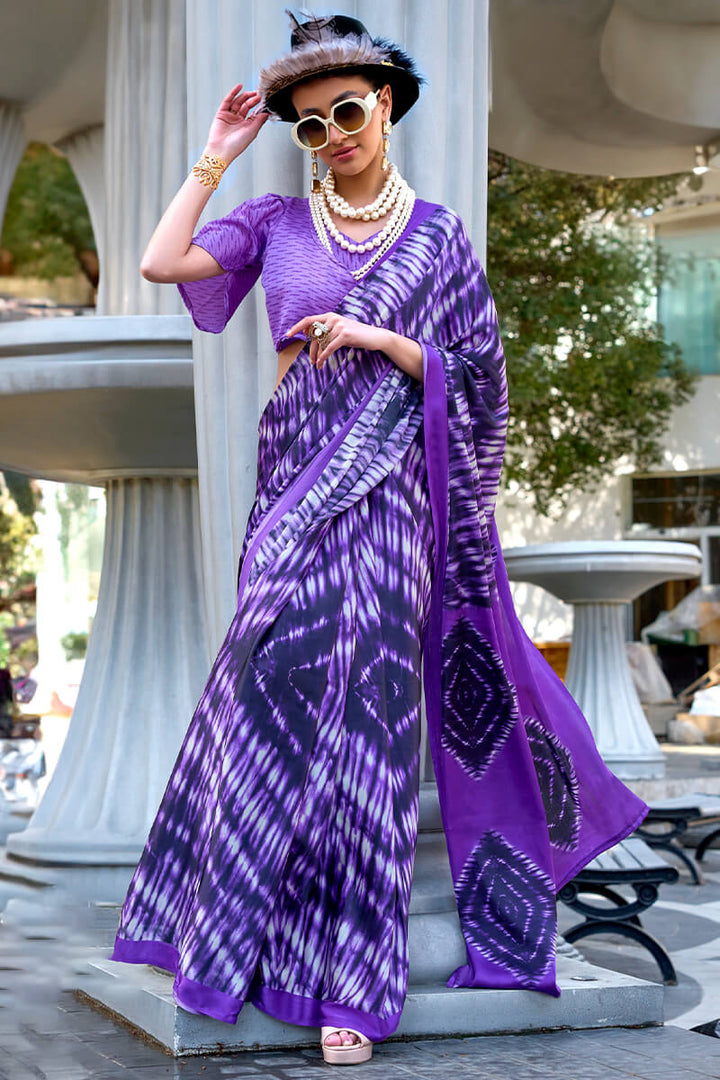 Warm Purple Printed Satin Silk Saree