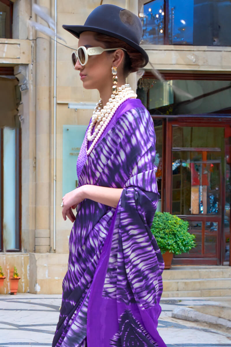 Warm Purple Printed Satin Silk Saree