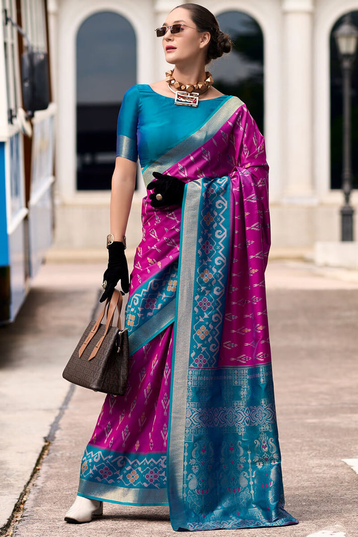 Warm Purple Soft Silk Saree with Ikkat Border